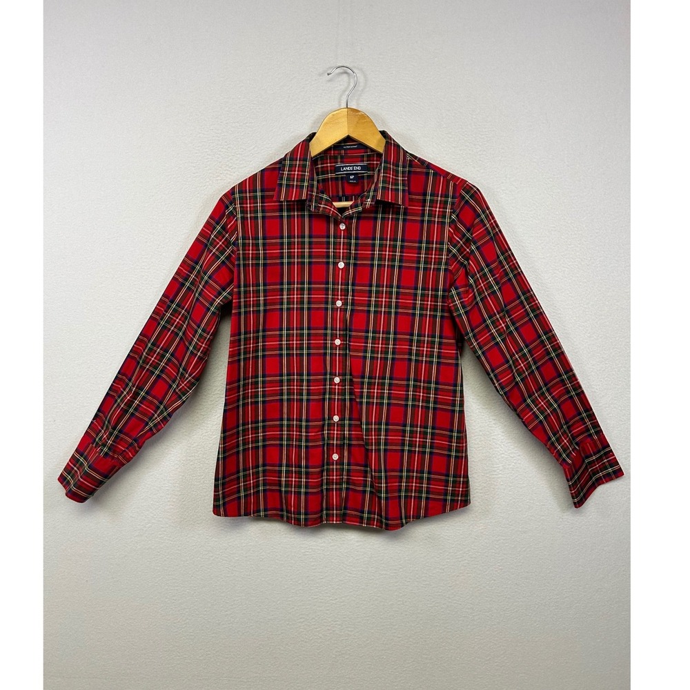 Lands' End Classic Holiday Preppy Womens 6P Redā Tartan Plaid Button Down Shirt